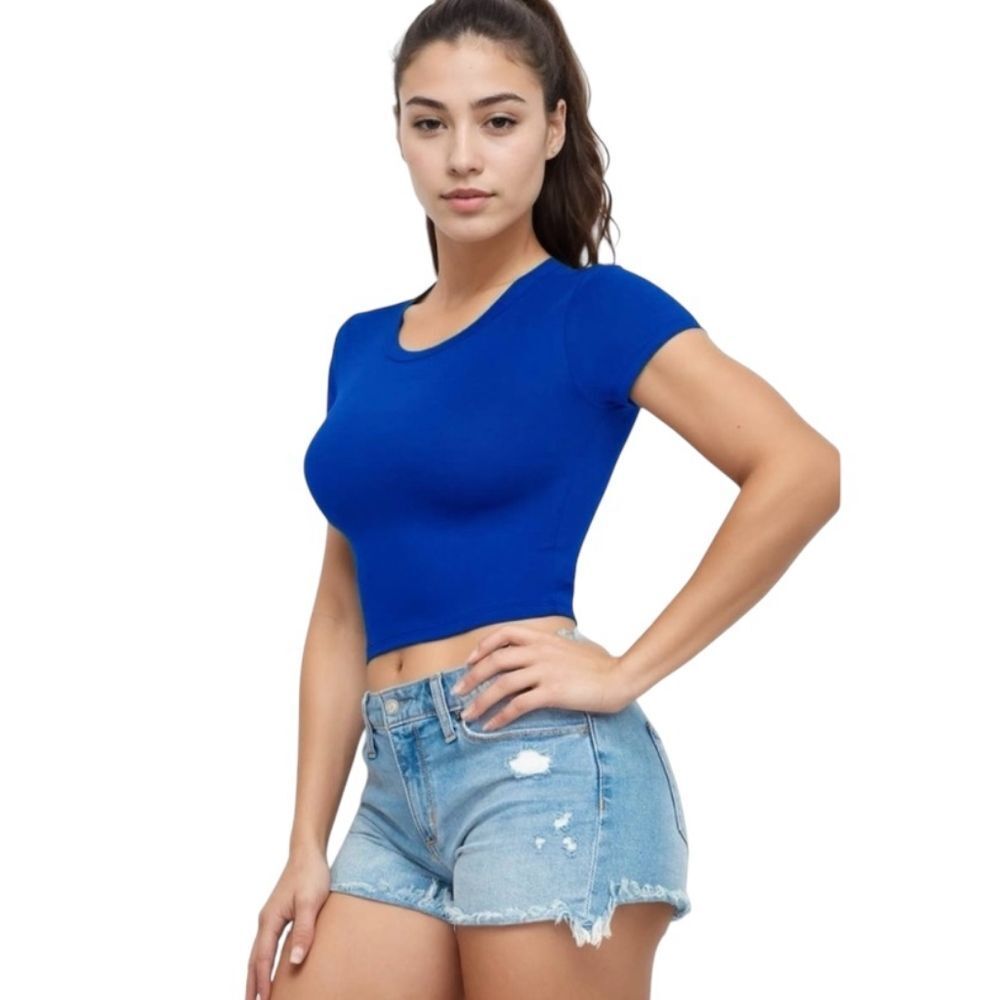 Women's Short Sleeve Roundneck Crop Top: Royal Blue